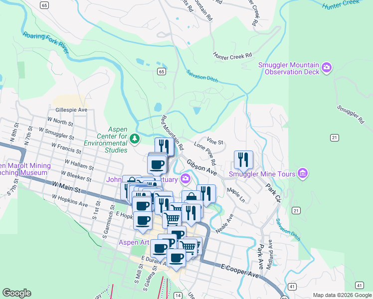 map of restaurants, bars, coffee shops, grocery stores, and more near 155 Lone Pine Road in Aspen