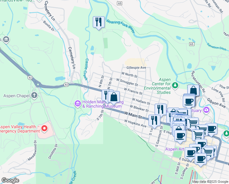 map of restaurants, bars, coffee shops, grocery stores, and more near 790 West Hallam Street in Aspen