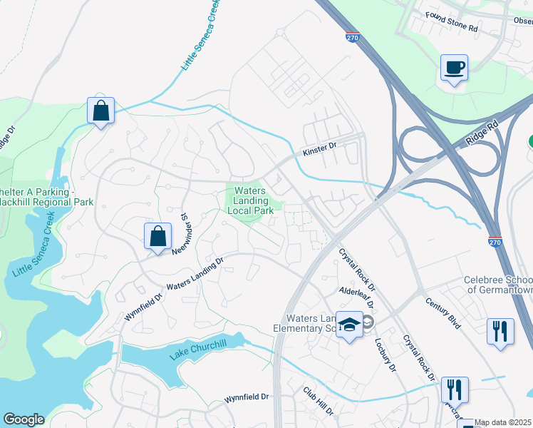 map of restaurants, bars, coffee shops, grocery stores, and more near 24 Whitechurch Court in Germantown