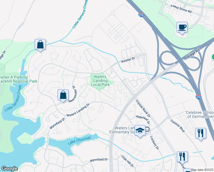 map of restaurants, bars, coffee shops, grocery stores, and more near 24 Whitechurch Court in Germantown
