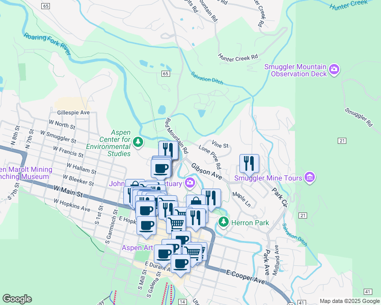map of restaurants, bars, coffee shops, grocery stores, and more near 155 Lone Pine Road in Aspen