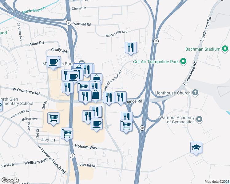 map of restaurants, bars, coffee shops, grocery stores, and more near 6801 White Water Way in Glen Burnie