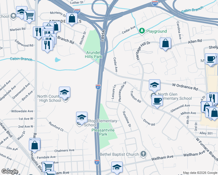 map of restaurants, bars, coffee shops, grocery stores, and more near 834 Bentwillow Drive in Glen Burnie