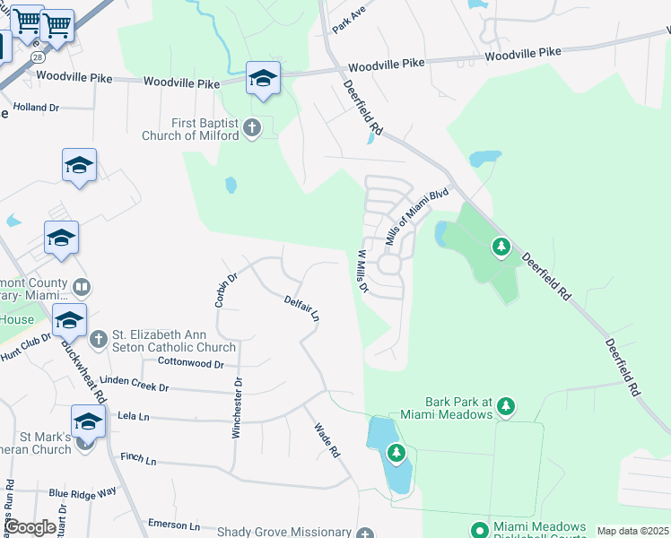 map of restaurants, bars, coffee shops, grocery stores, and more near 1428 Windstar Court in Milford