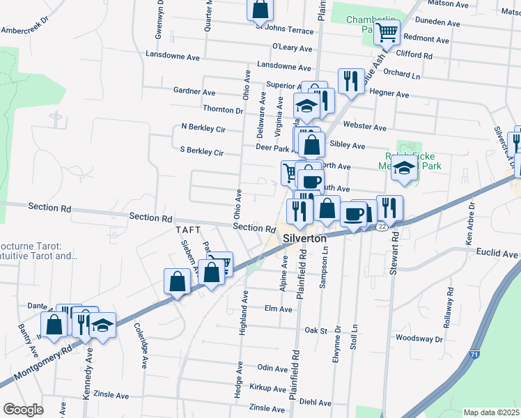 map of restaurants, bars, coffee shops, grocery stores, and more near 3907 East Gatewood Lane in Cincinnati