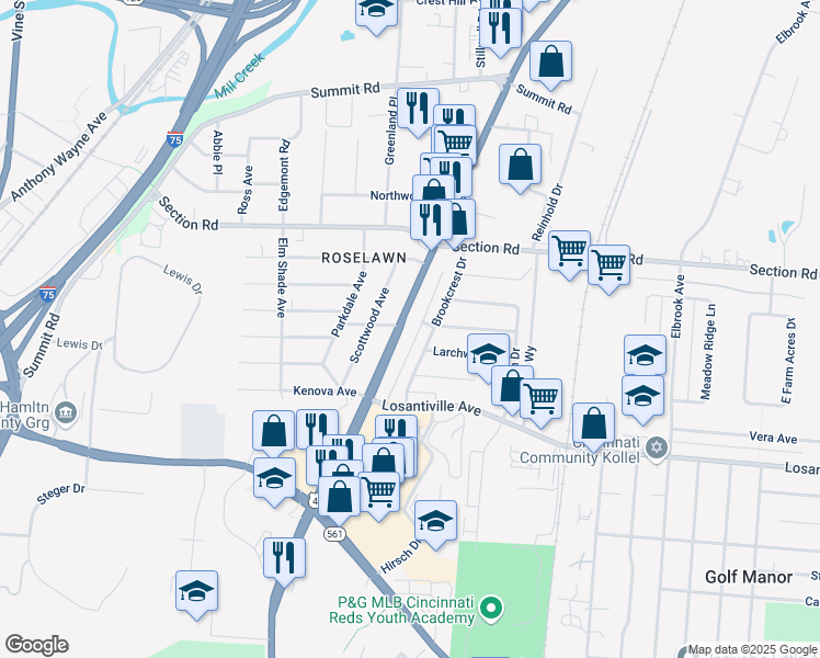 map of restaurants, bars, coffee shops, grocery stores, and more near 7275 Brookcrest Drive in Cincinnati