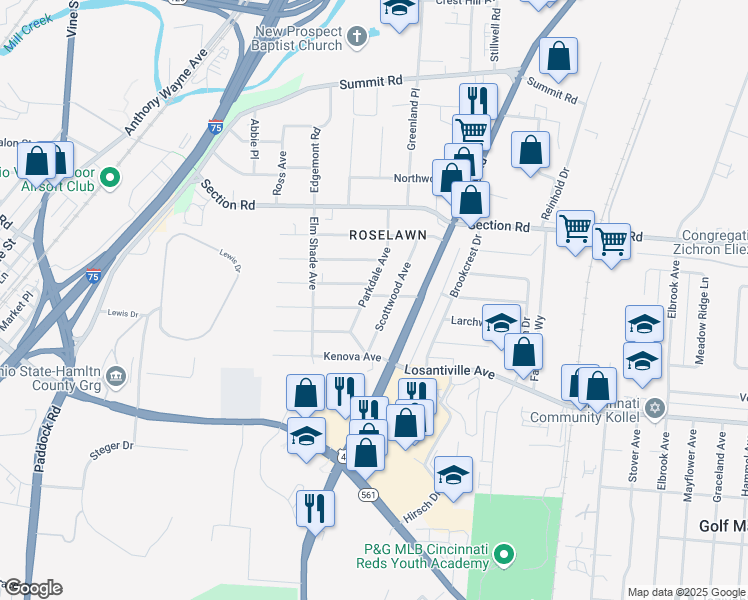 map of restaurants, bars, coffee shops, grocery stores, and more near 7302 Parkdale Avenue in Cincinnati