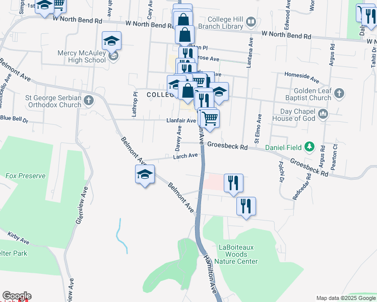 map of restaurants, bars, coffee shops, grocery stores, and more near 5716 Davey Avenue in Cincinnati