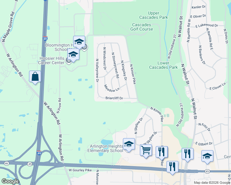 map of restaurants, bars, coffee shops, grocery stores, and more near 1011 Meadow Lane in Bloomington