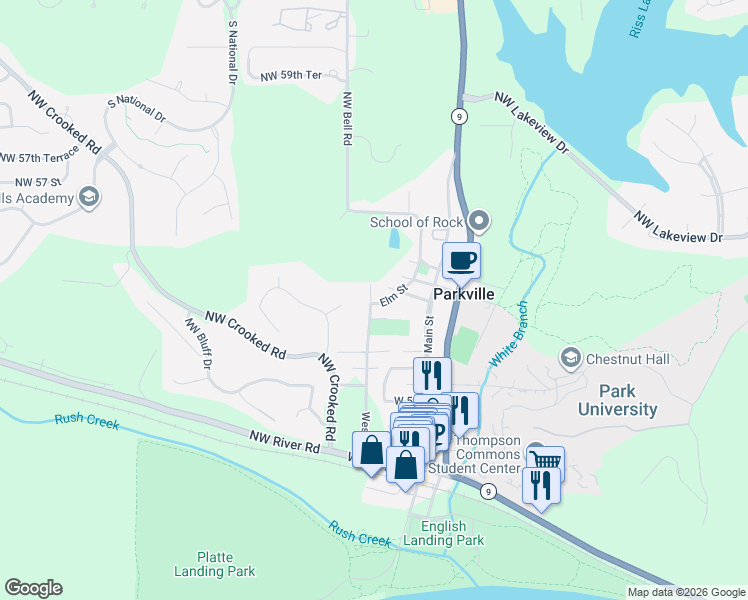 map of restaurants, bars, coffee shops, grocery stores, and more near 1137 West Street in Parkville
