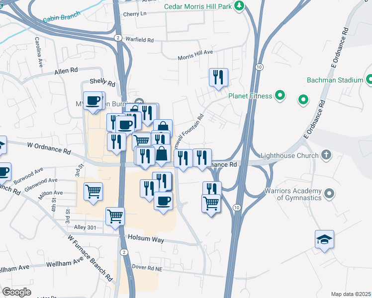 map of restaurants, bars, coffee shops, grocery stores, and more near 6800 White Water Way in Glen Burnie