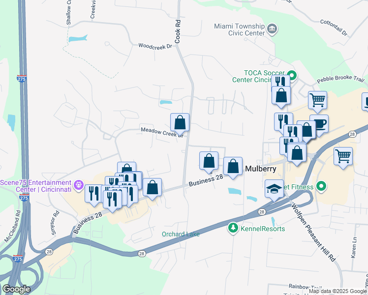 map of restaurants, bars, coffee shops, grocery stores, and more near 5897 Cook Road in Milford