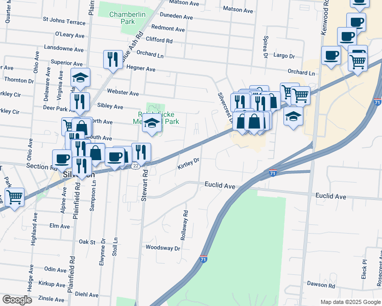 map of restaurants, bars, coffee shops, grocery stores, and more near 7552 Montgomery Road in Cincinnati