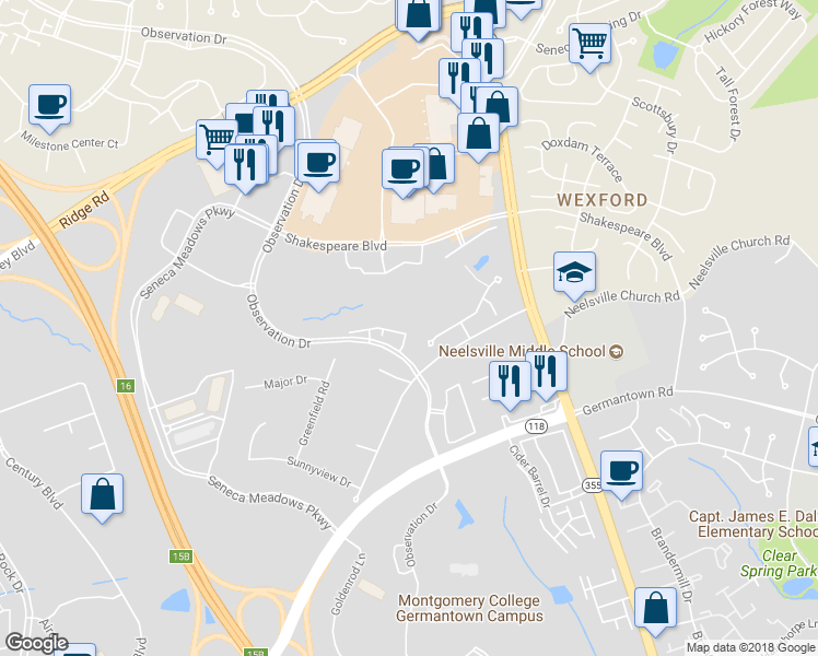 map of restaurants, bars, coffee shops, grocery stores, and more near 12021 Panthers Ridge Dr in Germantown