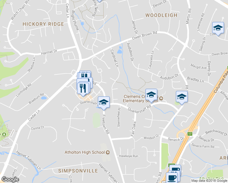 map of restaurants, bars, coffee shops, grocery stores, and more near 6438 Snuffbox Terrace in Columbia