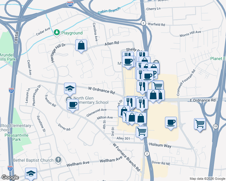 map of restaurants, bars, coffee shops, grocery stores, and more near 6670 Roberts Court in Glen Burnie