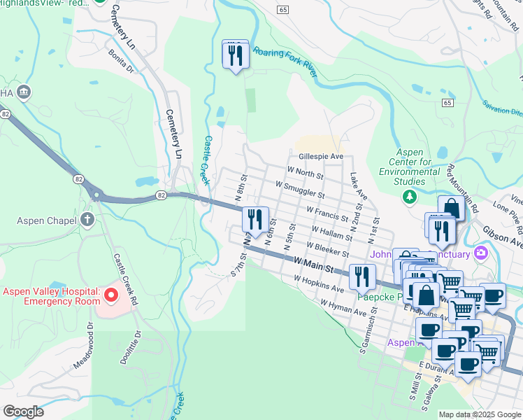 map of restaurants, bars, coffee shops, grocery stores, and more near 790 West Hallam Street in Aspen