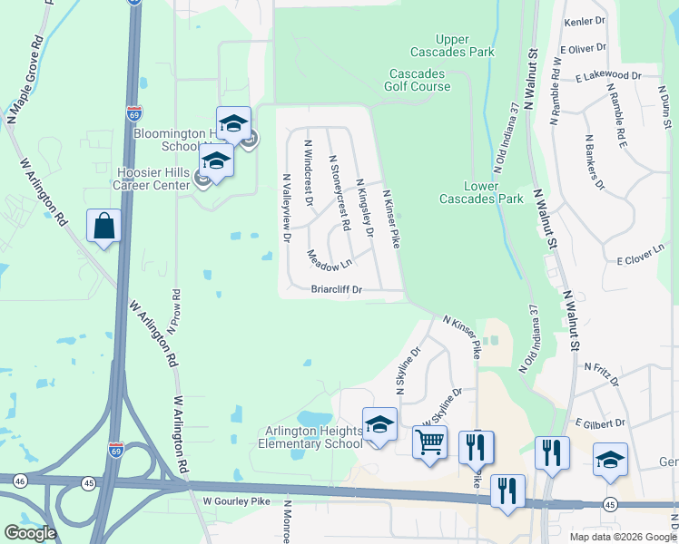 map of restaurants, bars, coffee shops, grocery stores, and more near 1011 Meadow Lane in Bloomington