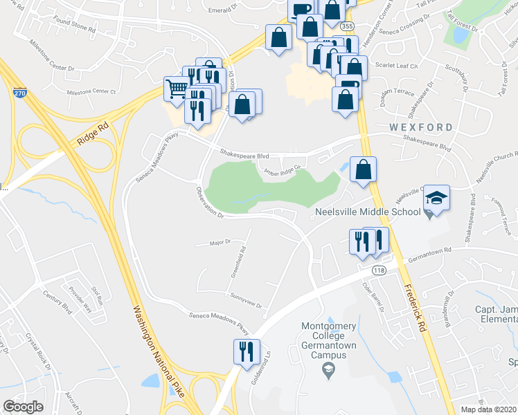 map of restaurants, bars, coffee shops, grocery stores, and more near 12123 Panthers Ridge Drive in Germantown