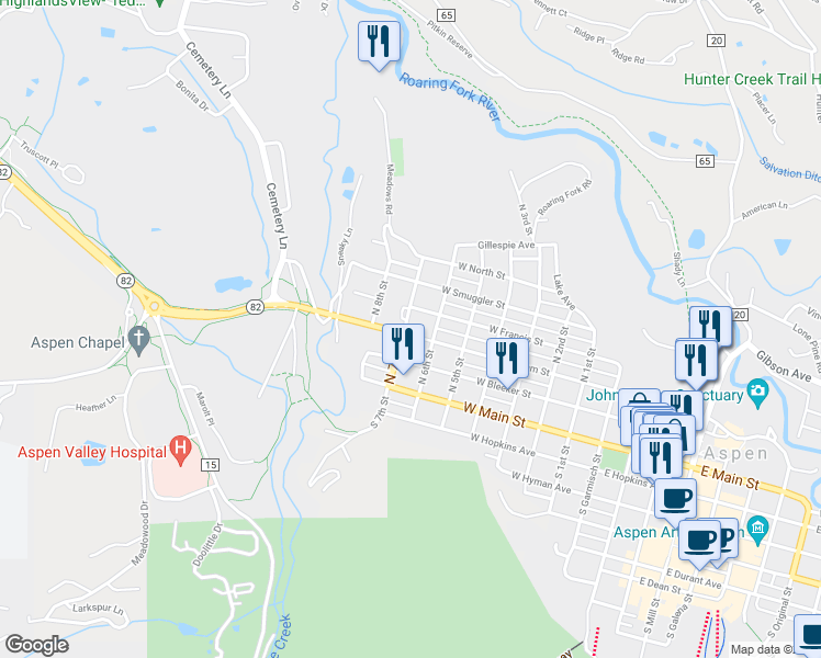 map of restaurants, bars, coffee shops, grocery stores, and more near 790 West Hallam Street in Aspen