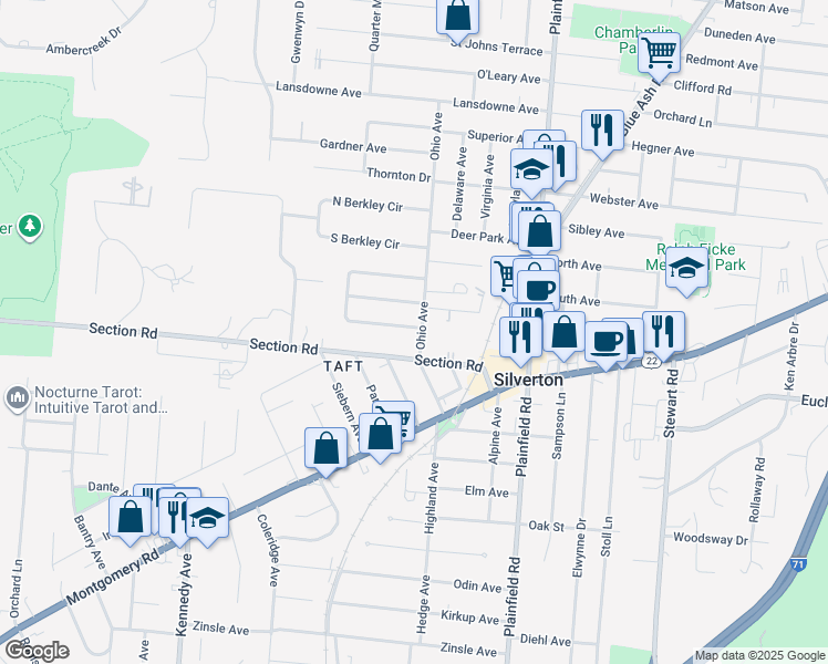 map of restaurants, bars, coffee shops, grocery stores, and more near 6921 Ohio Avenue in Cincinnati