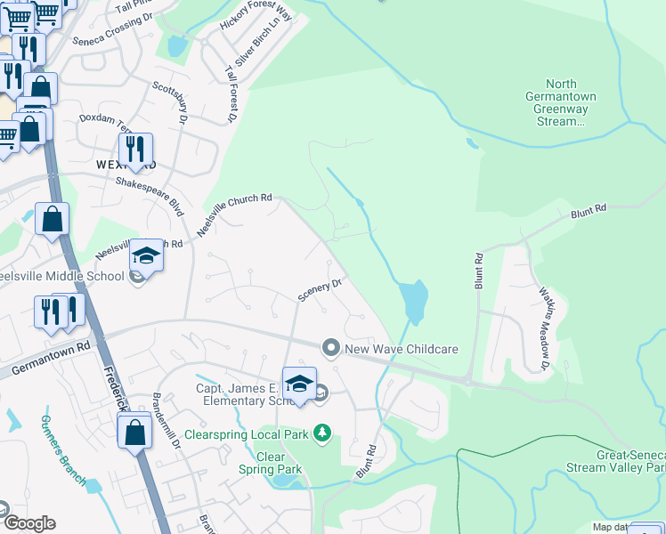 map of restaurants, bars, coffee shops, grocery stores, and more near 20405 Mill Pond Terrace in Germantown