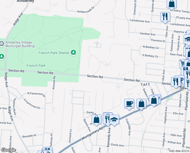 map of restaurants, bars, coffee shops, grocery stores, and more near 3485 Section Road in Cincinnati