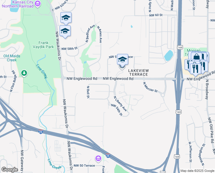 map of restaurants, bars, coffee shops, grocery stores, and more near 5508 North Wyoming Street in Kansas City