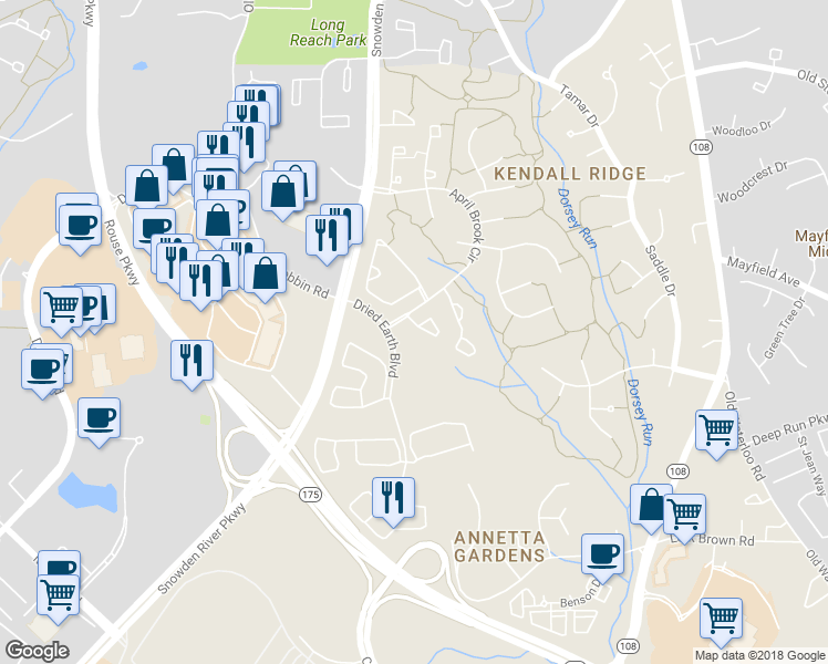 map of restaurants, bars, coffee shops, grocery stores, and more near 8416 Gold Sunset Way in Columbia