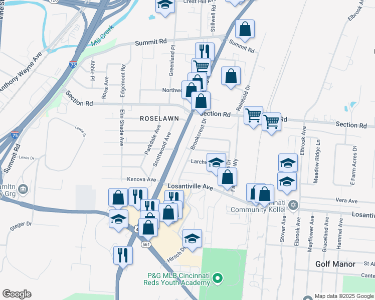 map of restaurants, bars, coffee shops, grocery stores, and more near 7275 Brookcrest Drive in Cincinnati