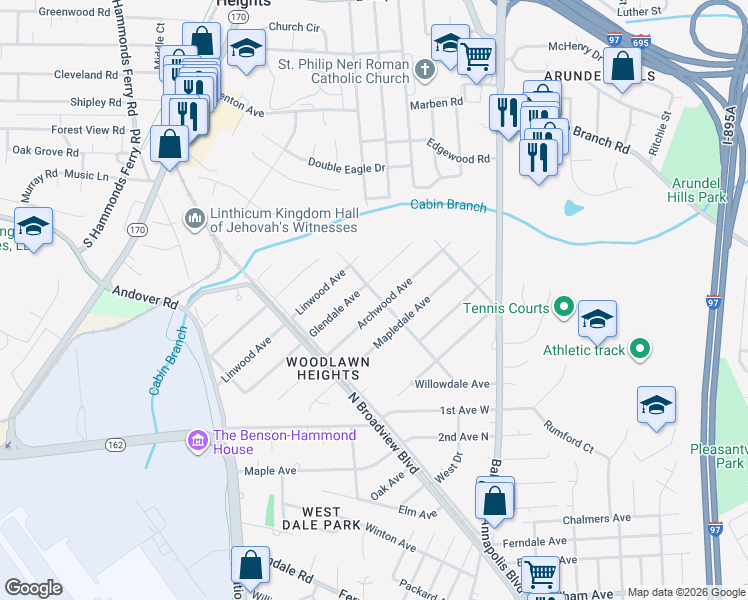 map of restaurants, bars, coffee shops, grocery stores, and more near 1002 Rosedale Avenue in Glen Burnie