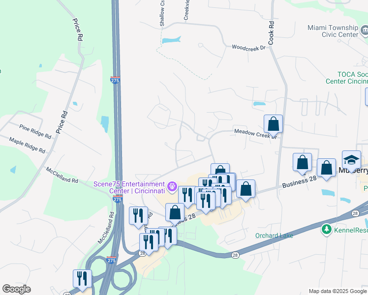 map of restaurants, bars, coffee shops, grocery stores, and more near 6114 Oakbridge Way in Milford
