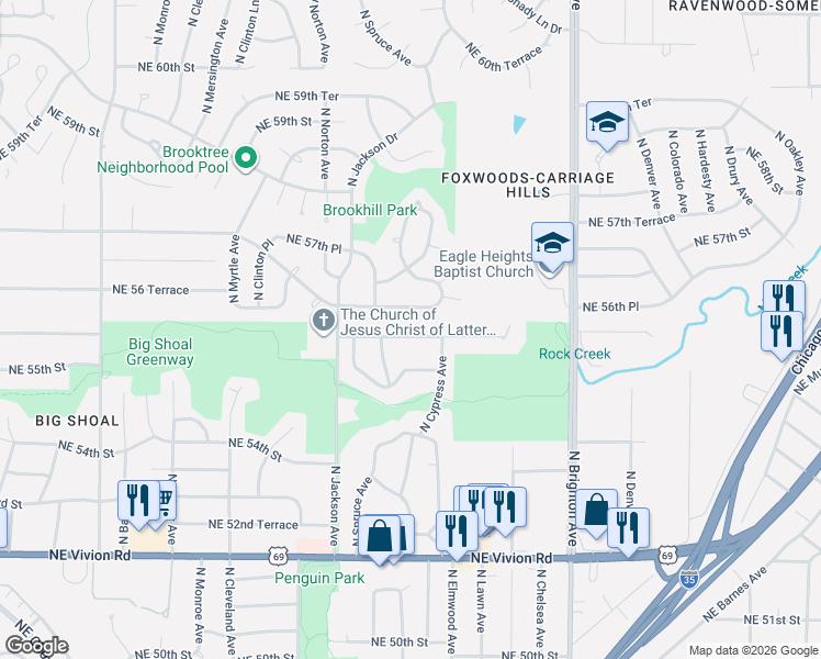 map of restaurants, bars, coffee shops, grocery stores, and more near 4402 Northeast 56th Street in Kansas City