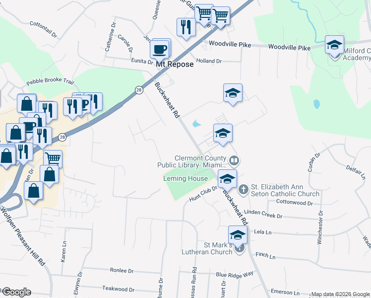 map of restaurants, bars, coffee shops, grocery stores, and more near 5971 Buckwheat Rd in Milford