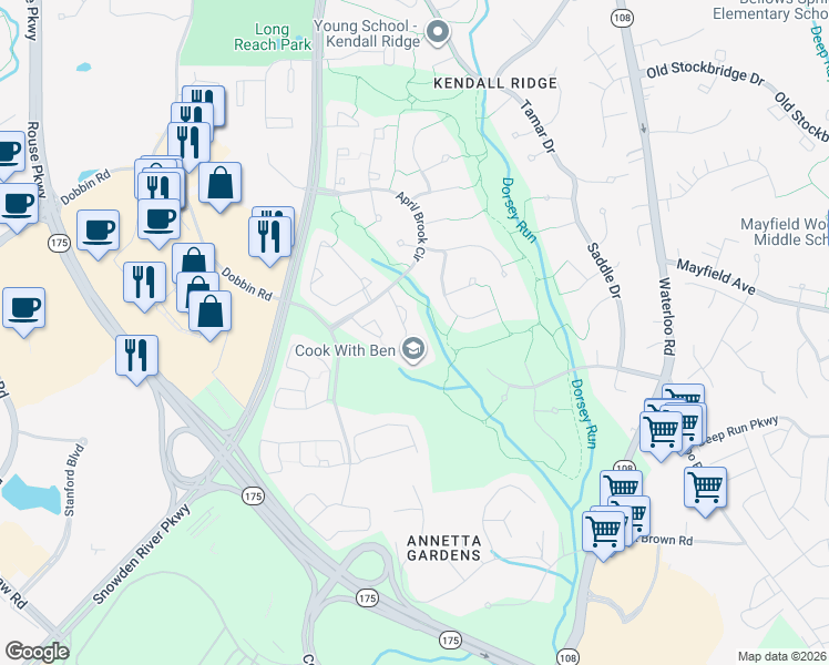 map of restaurants, bars, coffee shops, grocery stores, and more near 6351 Wind Rider Way in Columbia