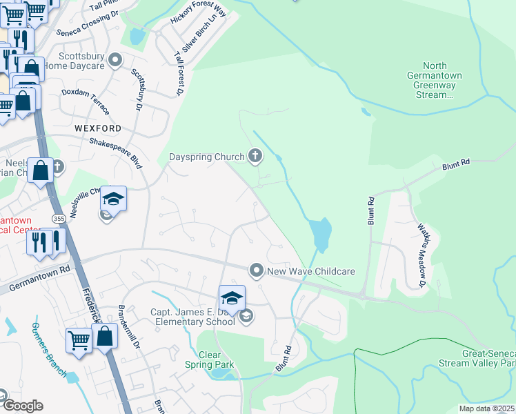 map of restaurants, bars, coffee shops, grocery stores, and more near 20405 Mill Pond Terrace in Germantown
