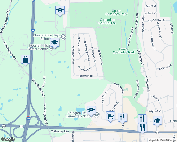 map of restaurants, bars, coffee shops, grocery stores, and more near 1011 Meadow Lane in Bloomington