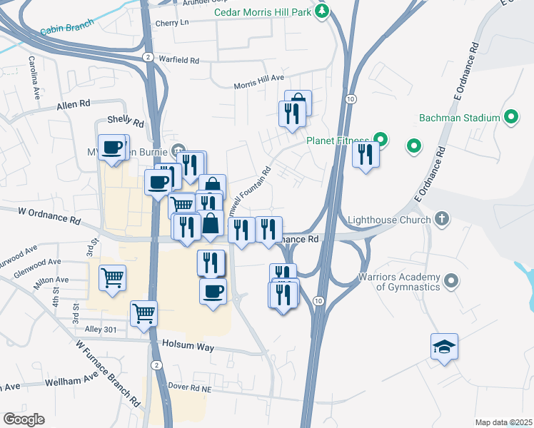 map of restaurants, bars, coffee shops, grocery stores, and more near 6800 Rapid Water Way in Glen Burnie