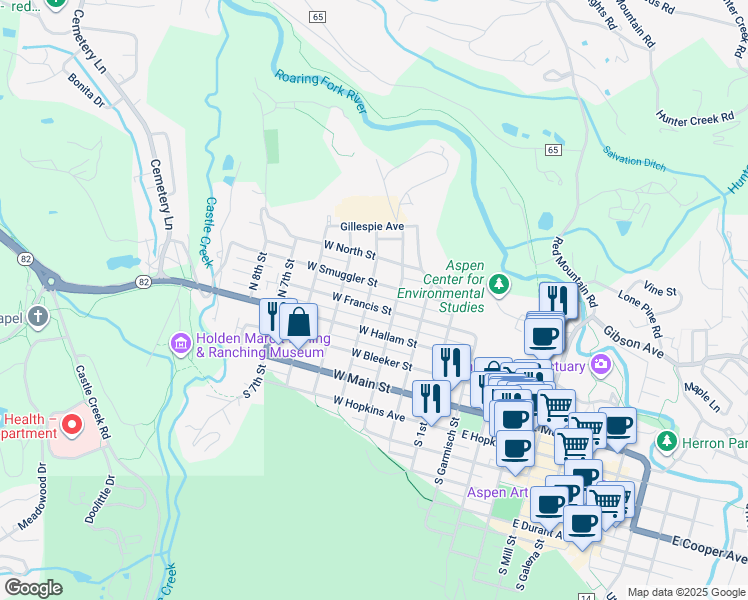 map of restaurants, bars, coffee shops, grocery stores, and more near 432 West Francis Street in Aspen