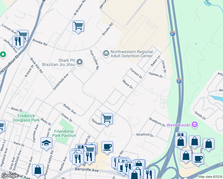 map of restaurants, bars, coffee shops, grocery stores, and more near 125 Longstreet Avenue in Winchester