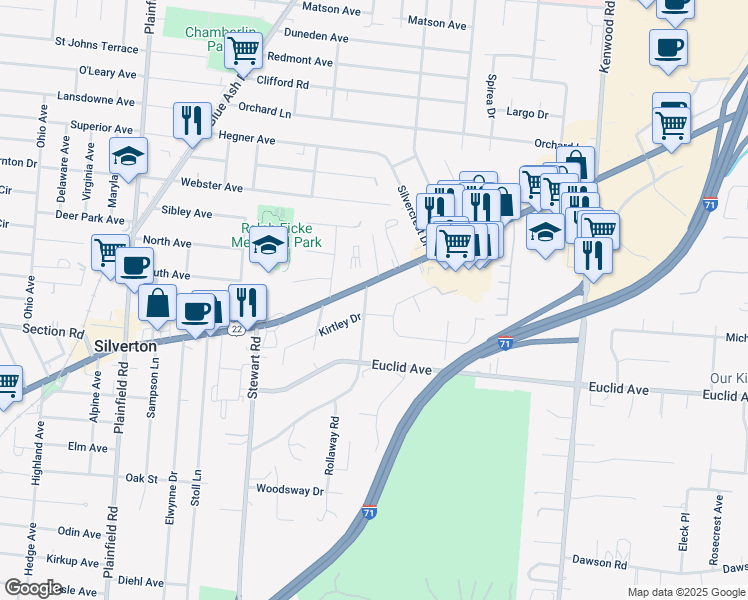 map of restaurants, bars, coffee shops, grocery stores, and more near 6962 Ken Arbre Drive in Cincinnati
