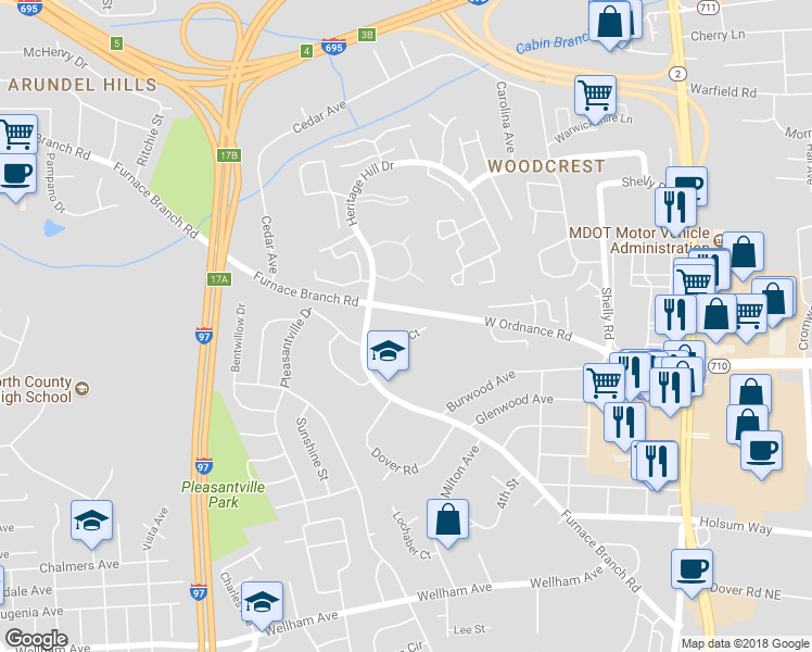 map of restaurants, bars, coffee shops, grocery stores, and more near 314 Lindera Ct in Glen Burnie