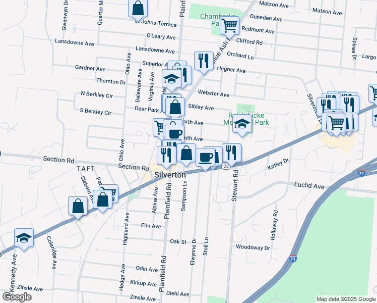 map of restaurants, bars, coffee shops, grocery stores, and more near 6940 Silverton Avenue in Cincinnati