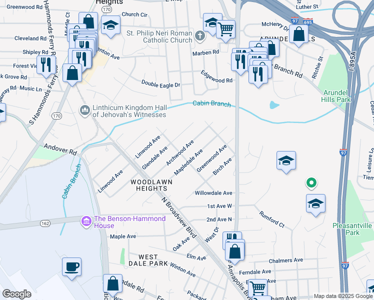 map of restaurants, bars, coffee shops, grocery stores, and more near 37 Archwood Avenue in Glen Burnie