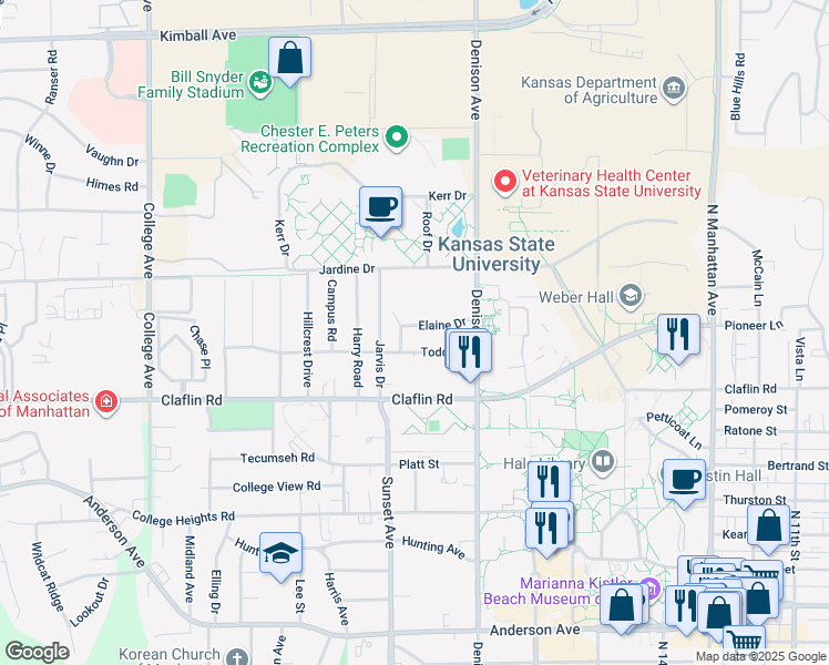 map of restaurants, bars, coffee shops, grocery stores, and more near 1841 Elaine Drive in Manhattan