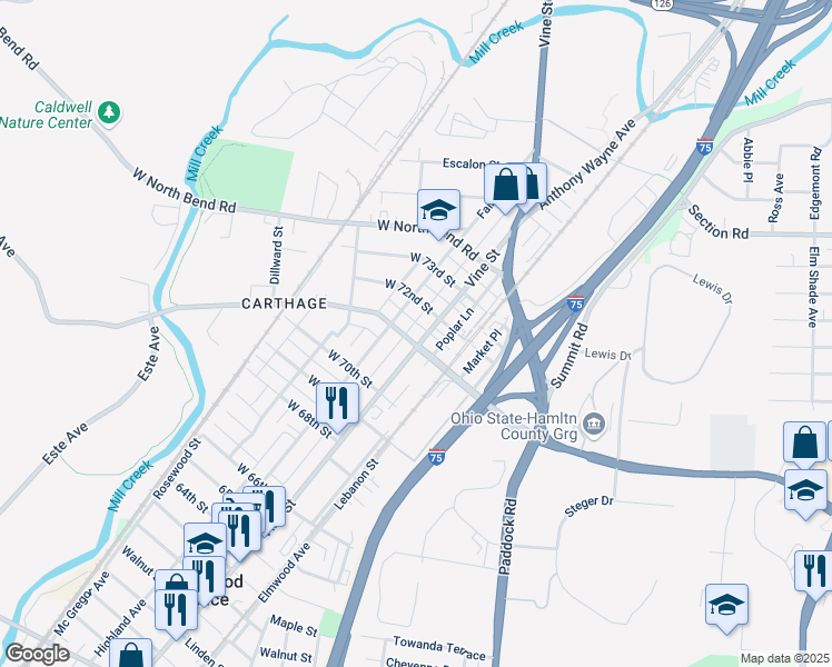 map of restaurants, bars, coffee shops, grocery stores, and more near 7111 Vine Street in Cincinnati
