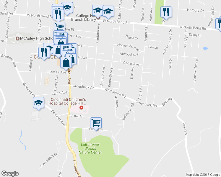 map of restaurants, bars, coffee shops, grocery stores, and more near 1200 Groesbeck Road in Cincinnati
