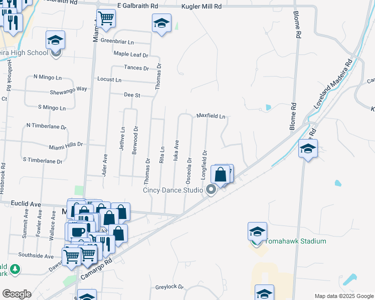 map of restaurants, bars, coffee shops, grocery stores, and more near 7303 Osceola Drive in Madeira