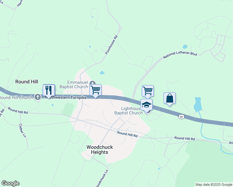 map of restaurants, bars, coffee shops, grocery stores, and more near 2696 Northwestern Turnpike in Winchester