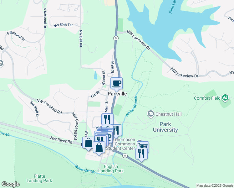 map of restaurants, bars, coffee shops, grocery stores, and more near 100-198 East 12 Street in Parkville